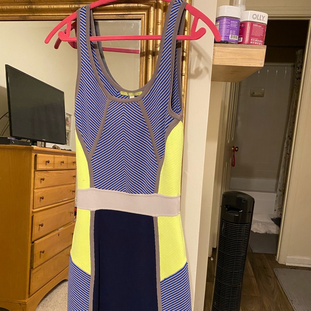 Neon and navy striped bodycon dress